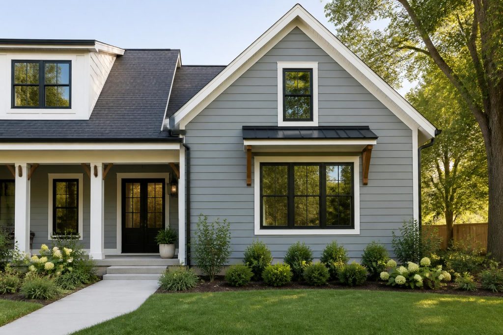 Freshly painted modern home exterior with crisp trim and siding.